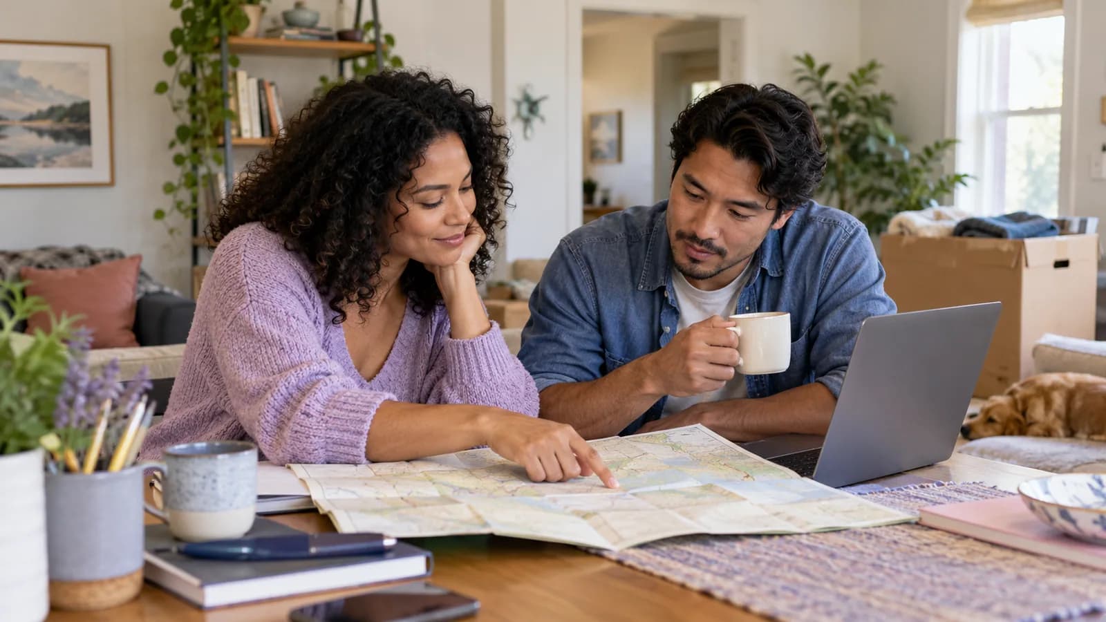 A couple comparing job and household costs before relocating.