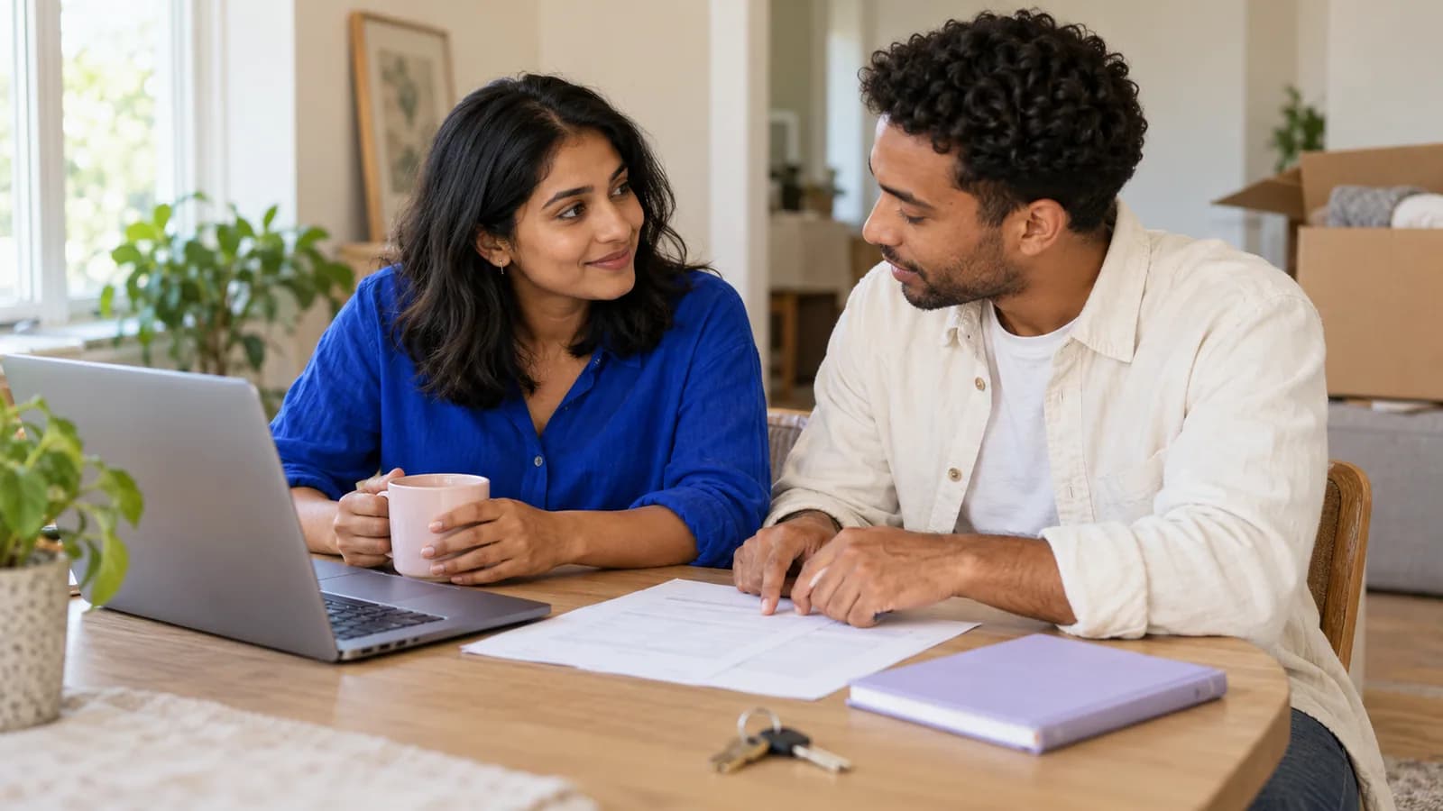 A couple discussing their home budget in their new home.