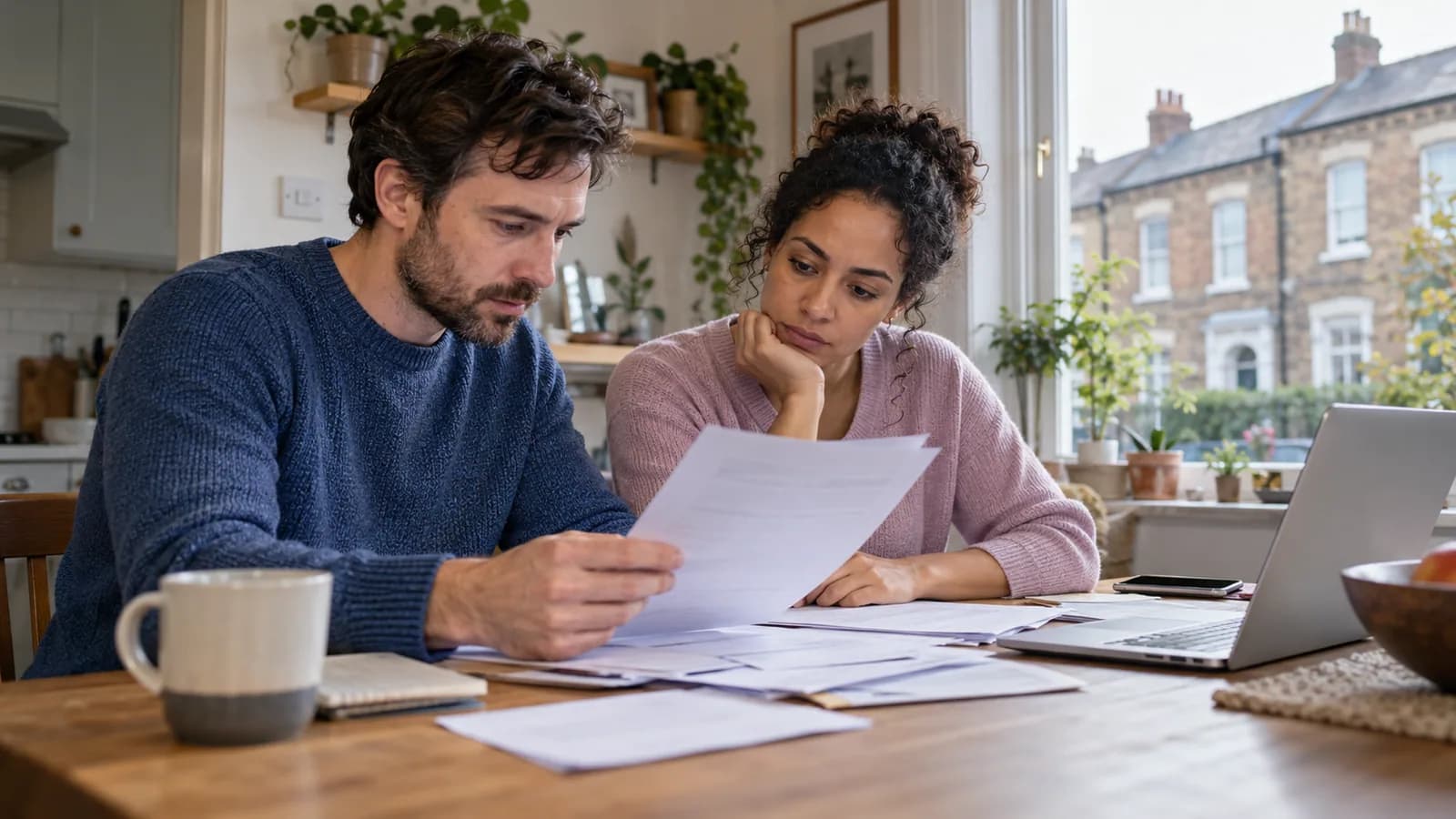 A couple reviewing payslips and household bills at home.