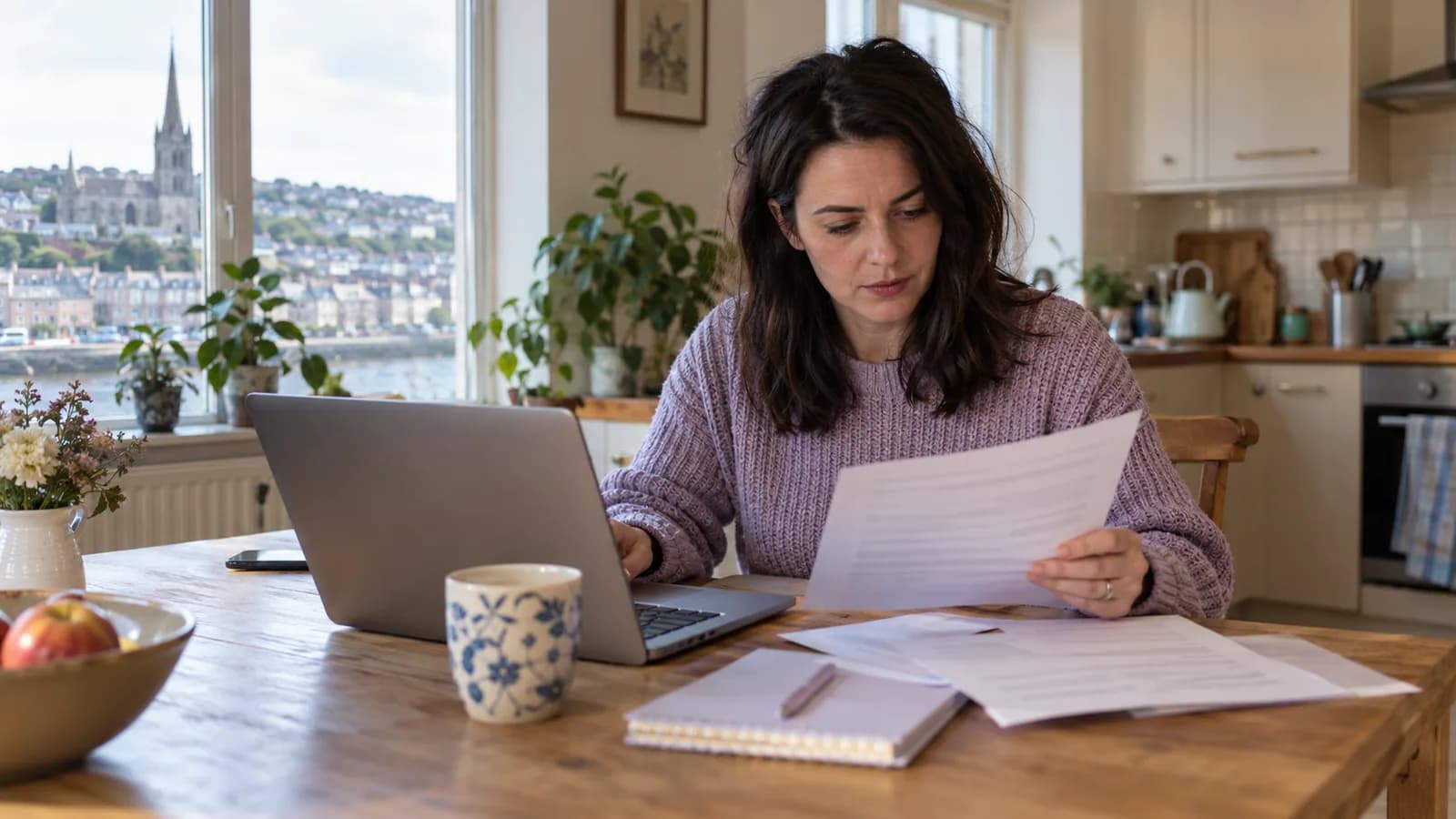 A woman checking a job offer against her household budget.