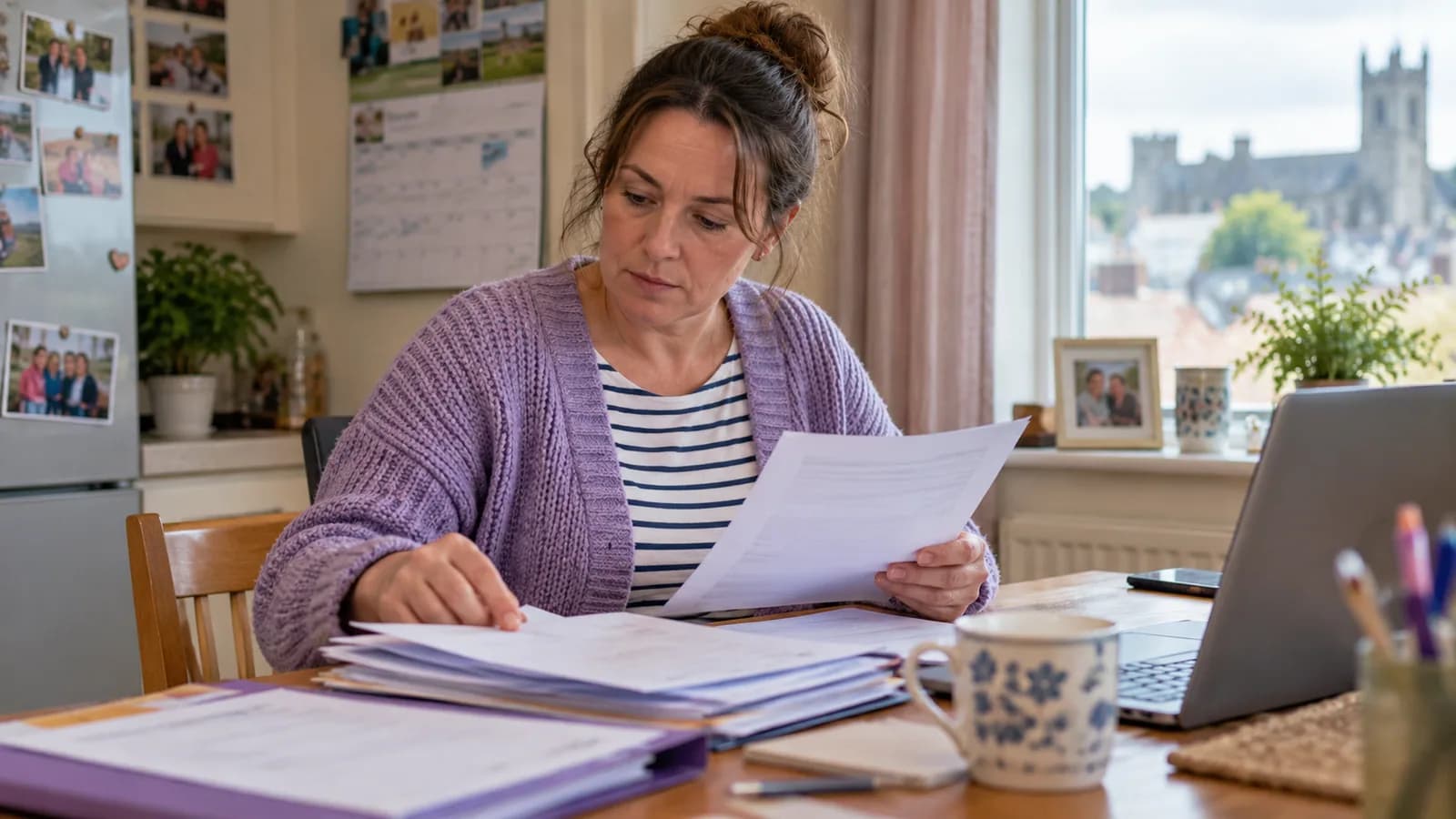 A parent sorting tax paperwork at a home desk.