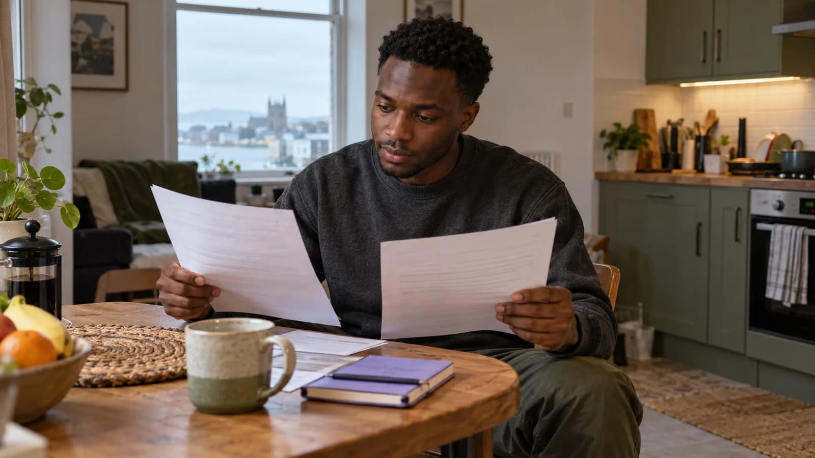 A worker comparing two payslips at a kitchen table.