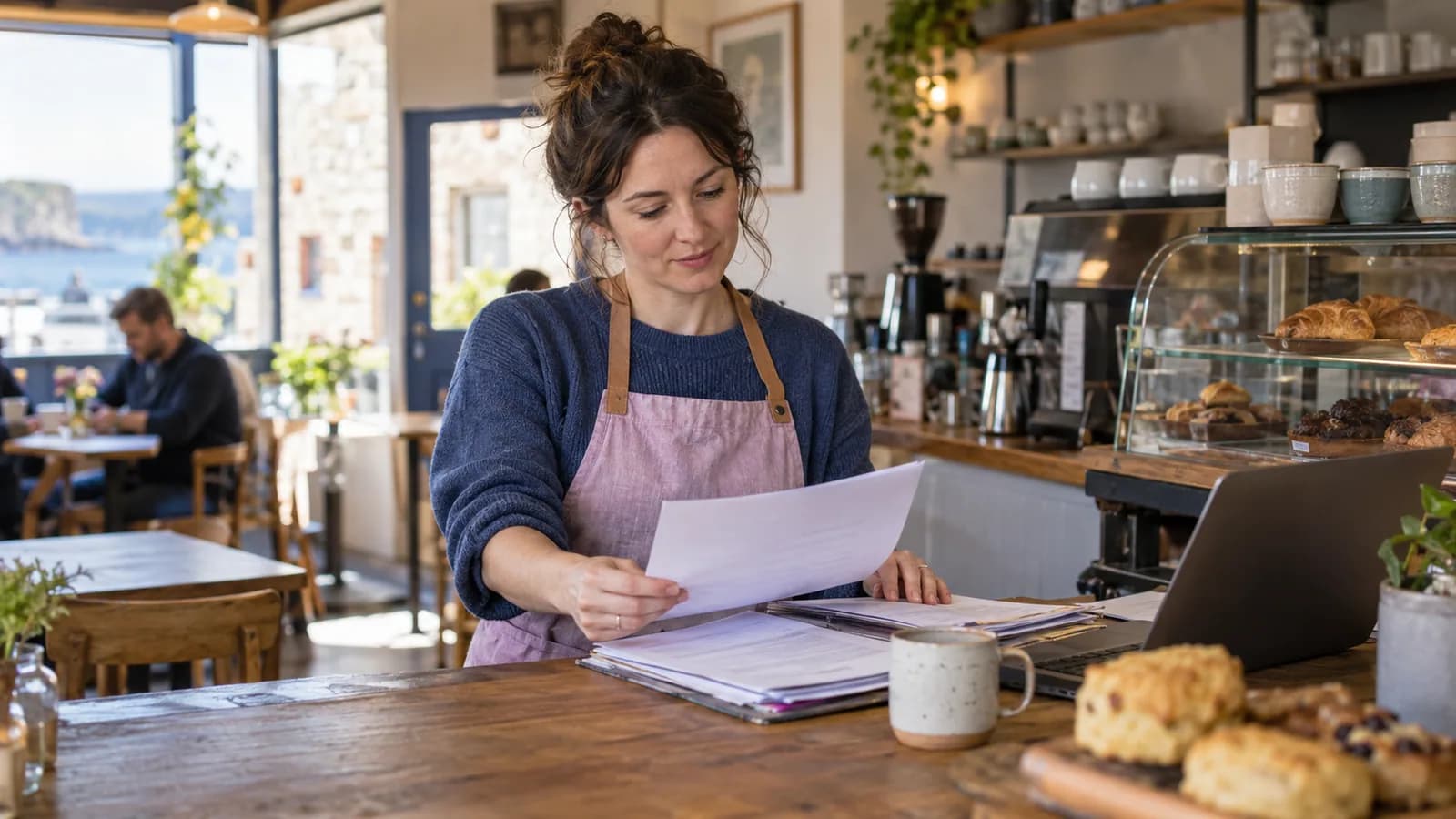 A cafe owner checking a supplier invoice at the counter.