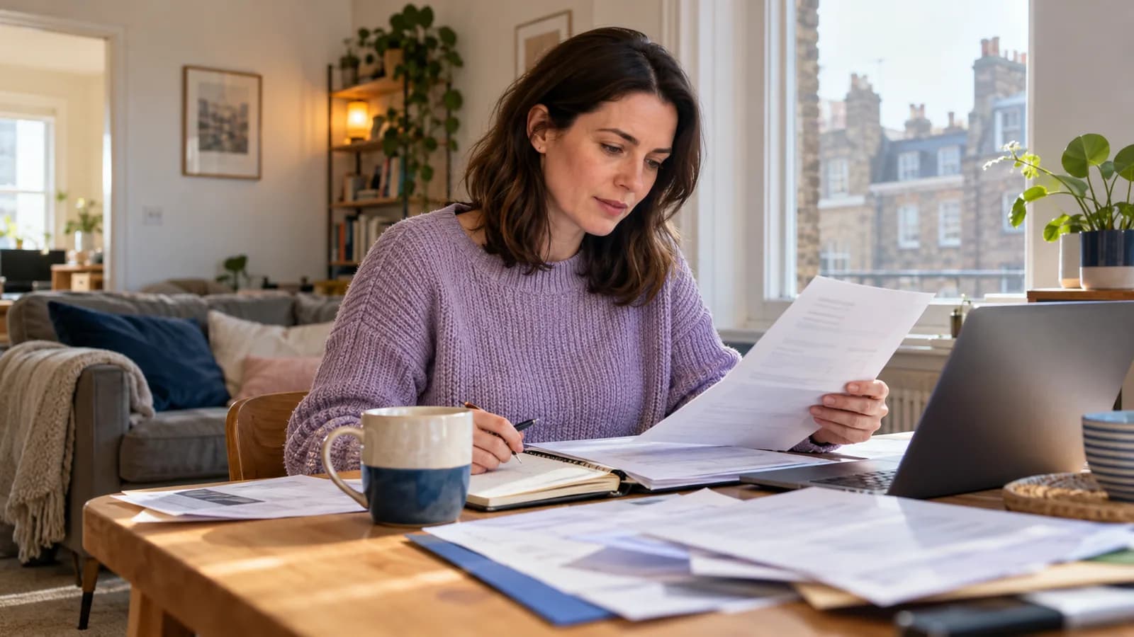 A woman reviewing her payslip and household bills at home.