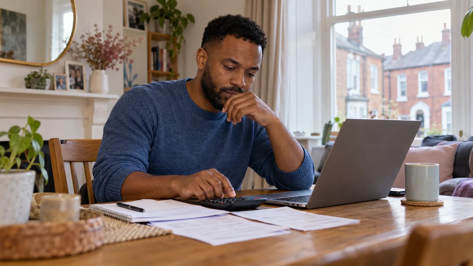 A man comparing a job offer with his monthly spending.
