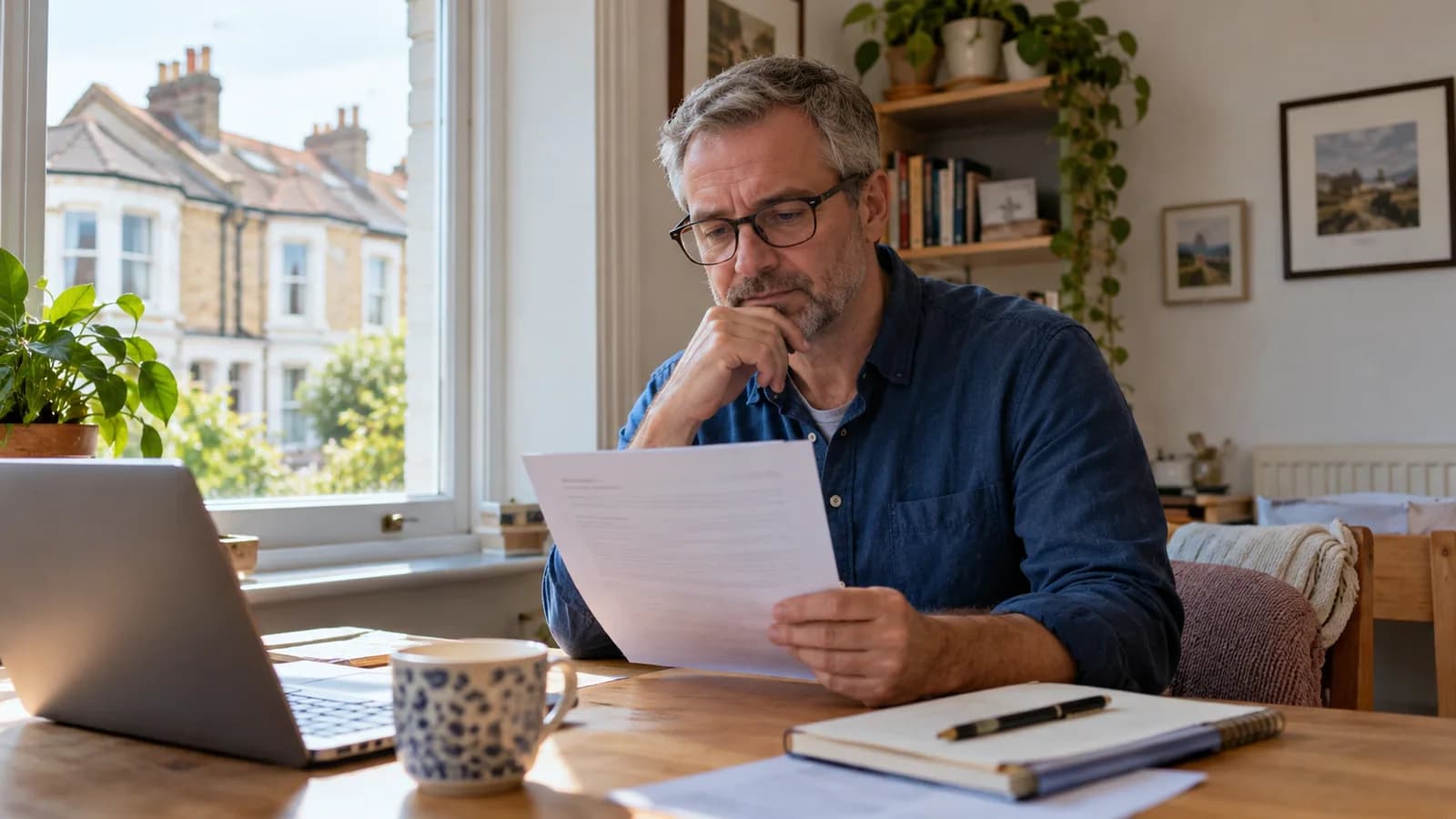 An employee reviewing a pay-rise letter at a home desk.