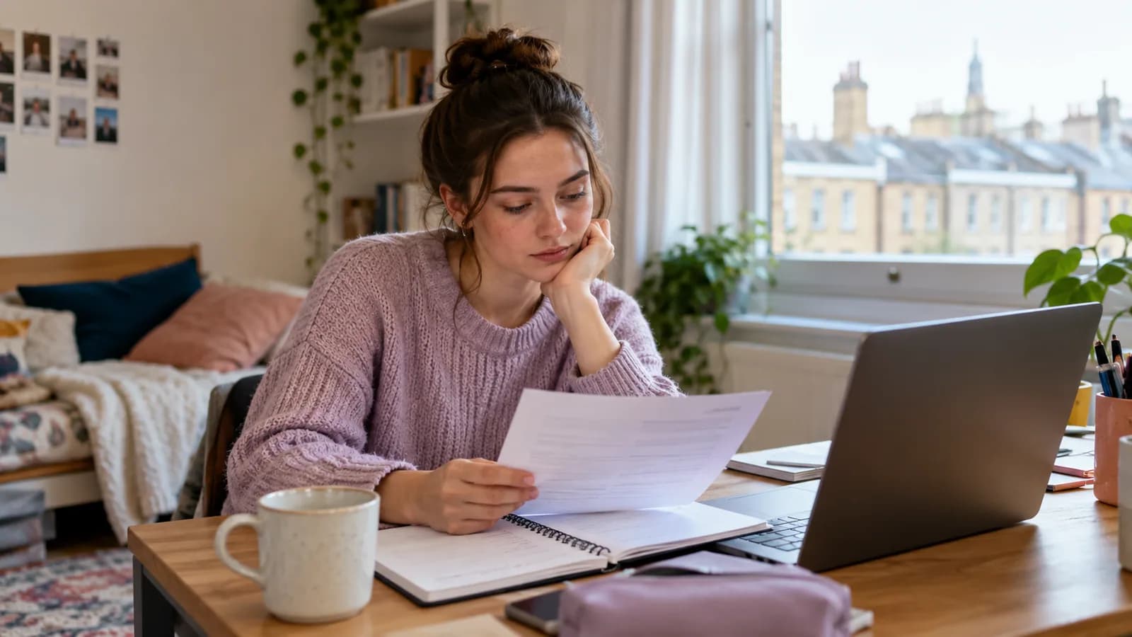 A graduate reviewing pay and student-loan paperwork at a desk.