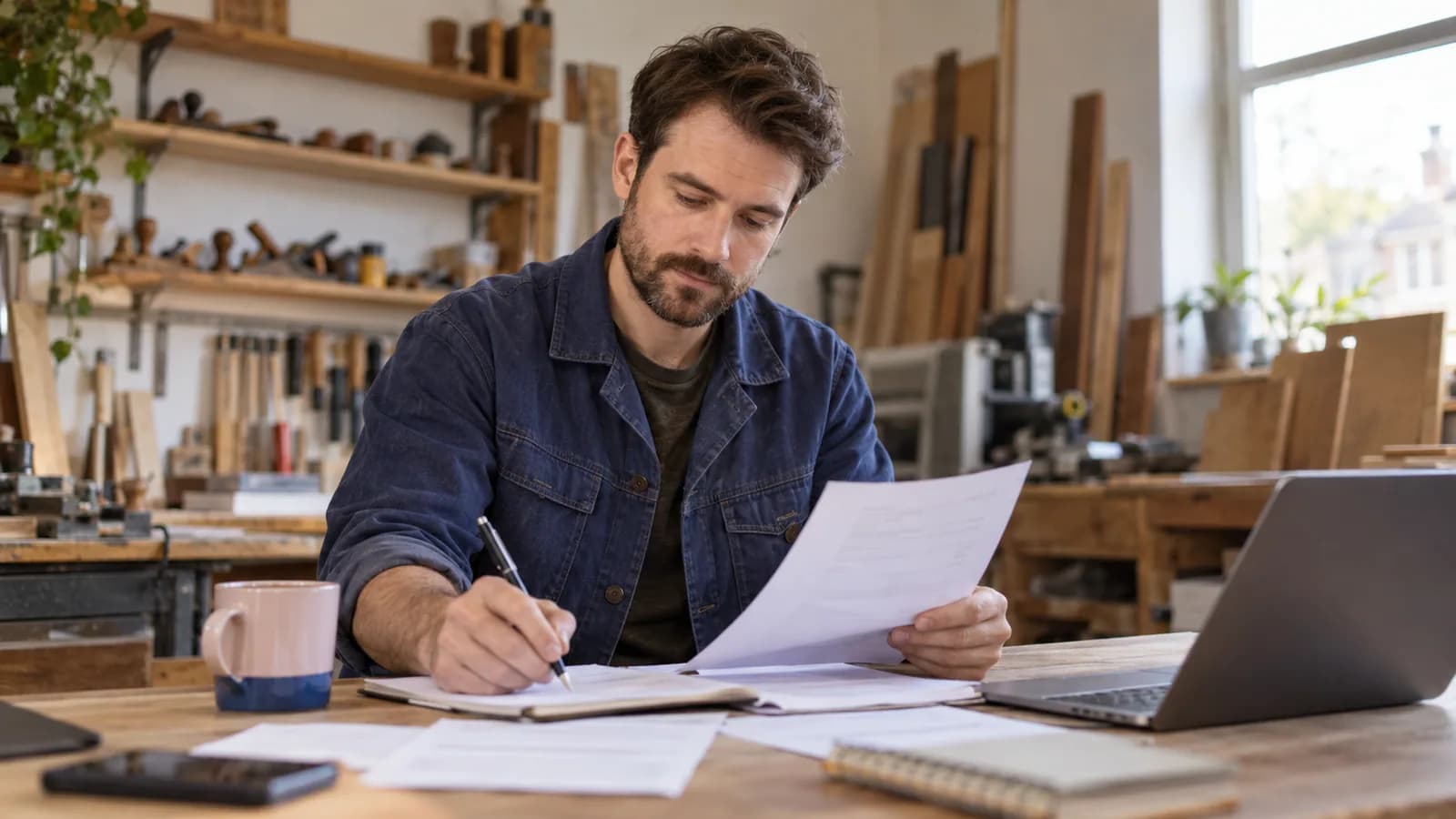 A self-employed carpenter organising invoices in a workshop.