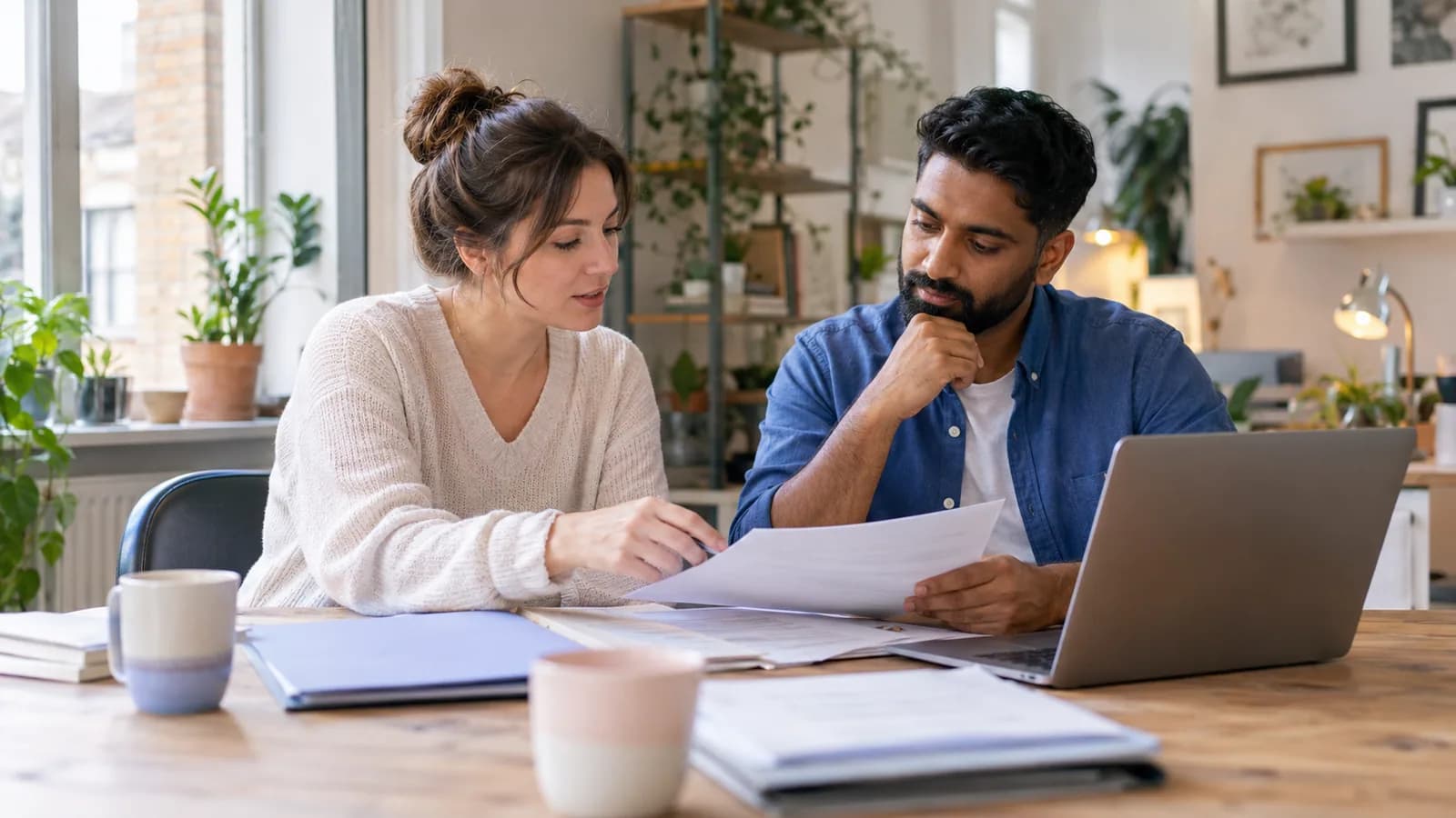 Two company directors discussing business income in their office.