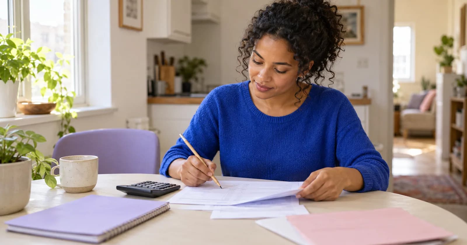 A woman checking a payslip with a calculator at home.