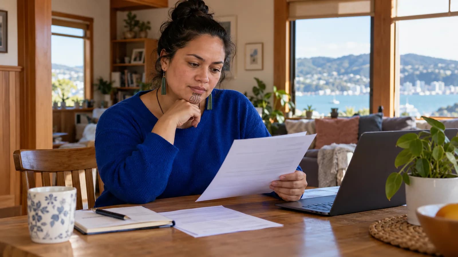 A woman reviewing her payslip at a kitchen table.