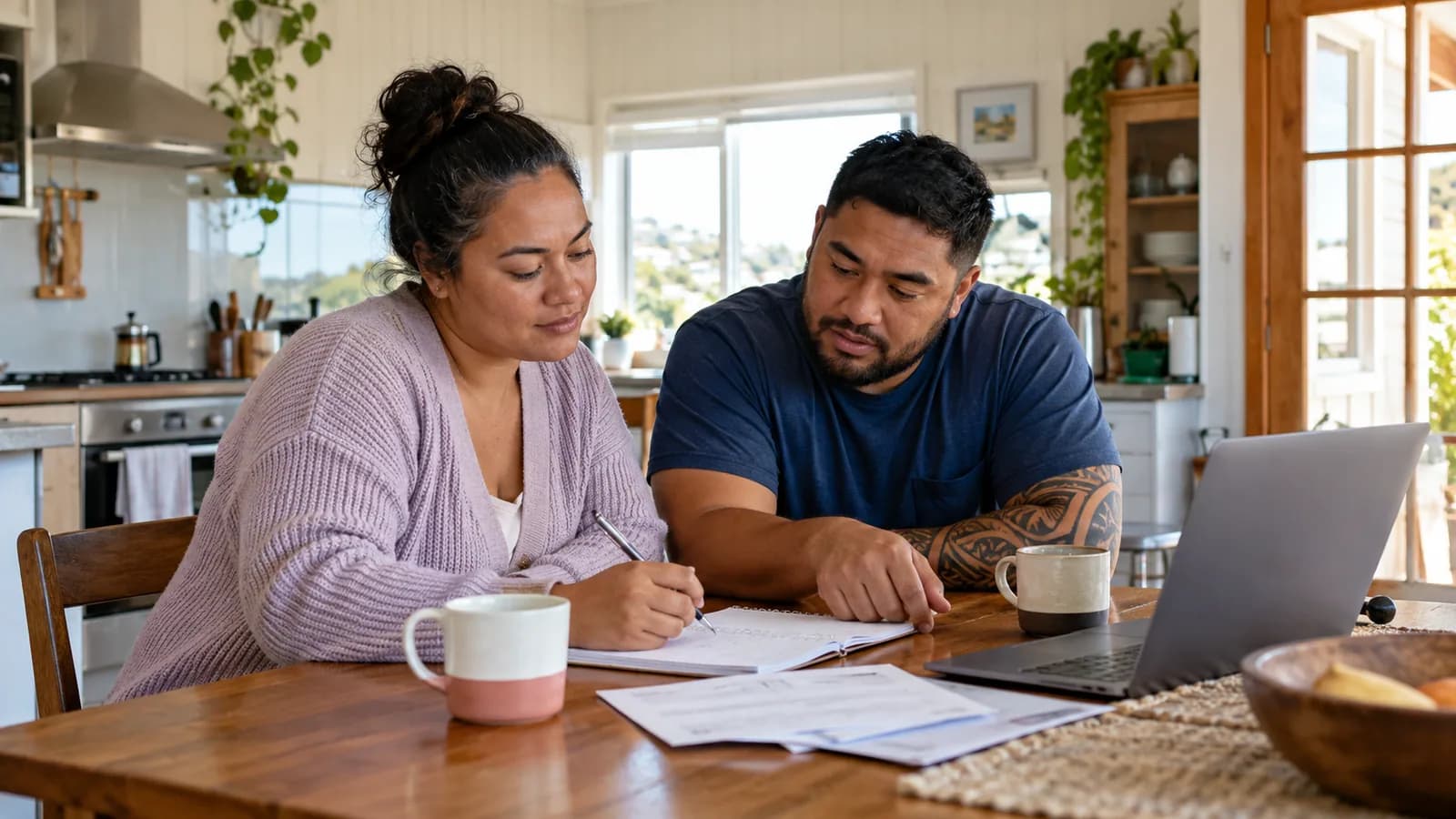 A couple planning monthly spending together at home.