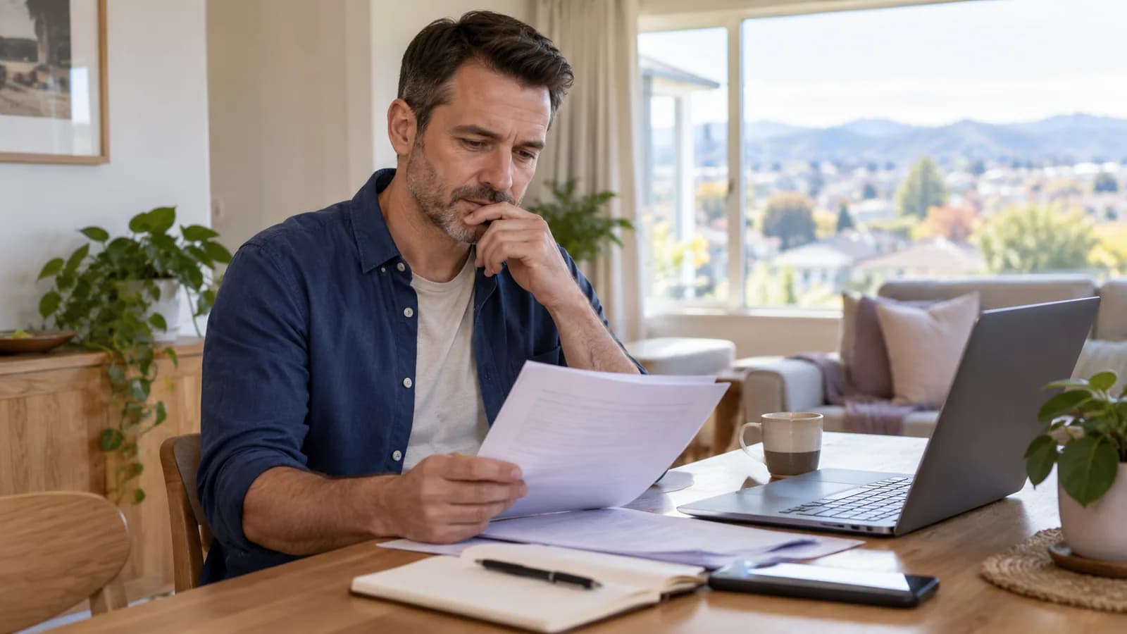 An employee reviewing a salary offer at a home desk.