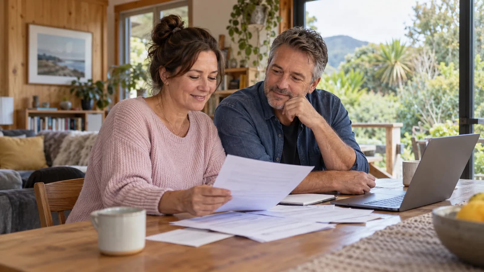 A couple reviewing retirement-savings paperwork at home.