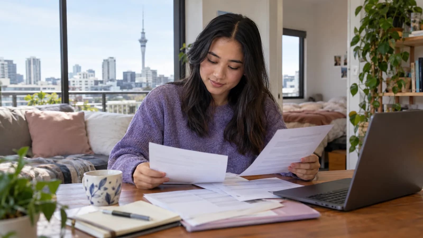 A graduate reviewing a payslip and student-loan paperwork.