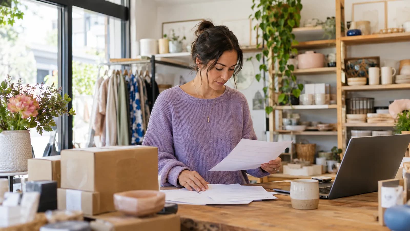 A shop owner checking supplier invoices at the counter.