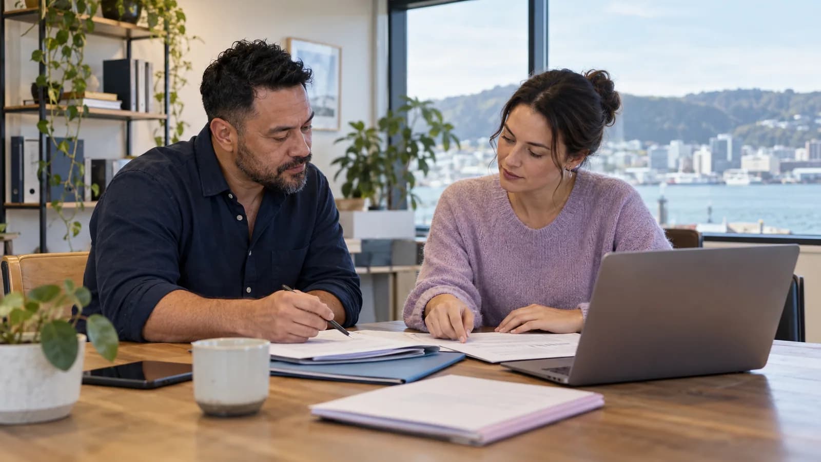 Two business owners discussing company accounts together.