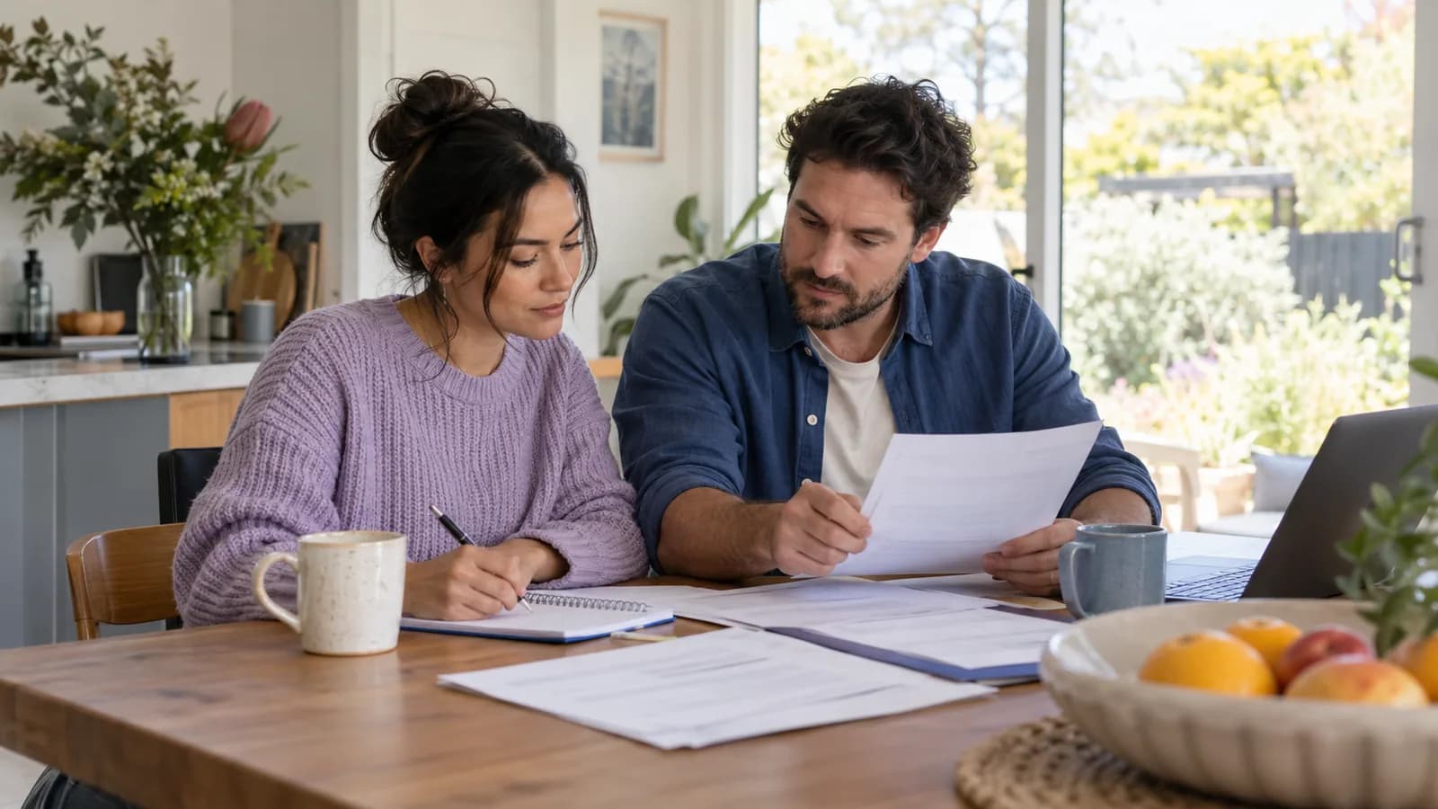 A couple reviewing pay and household expenses at home.