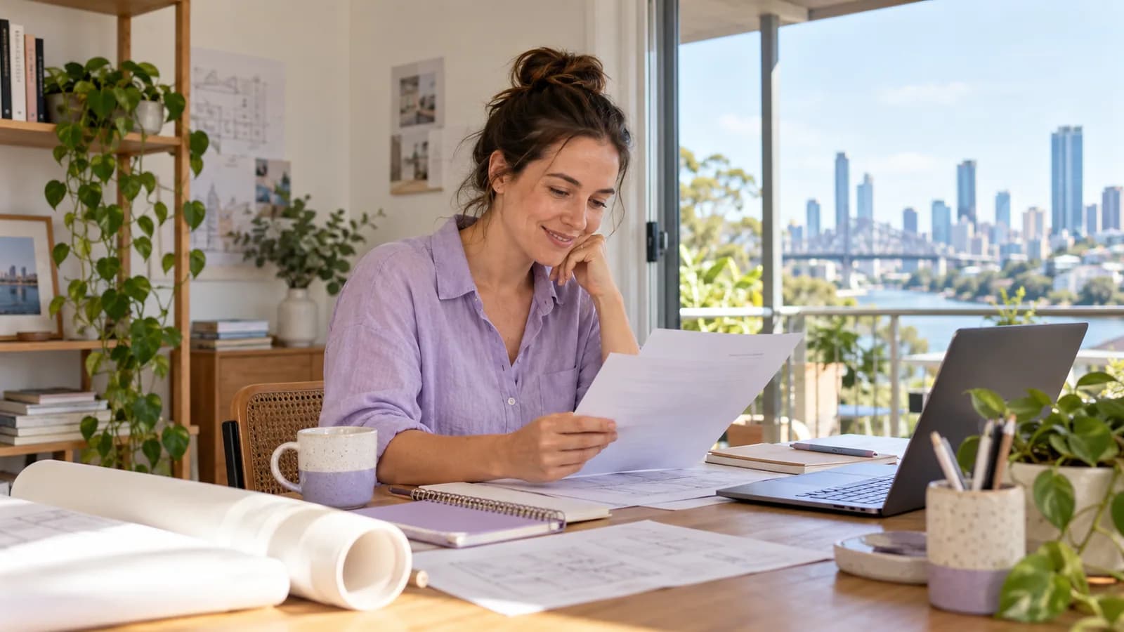 A woman checking an employment offer at a home desk.