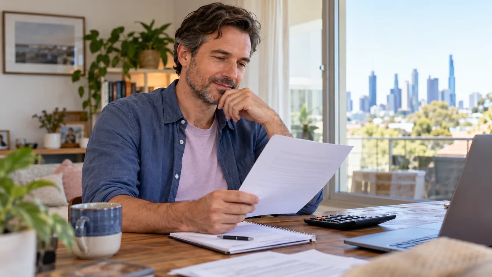 An employee considering a pay-rise letter at home.