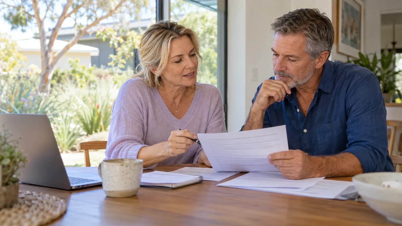 A couple reviewing retirement-savings paperwork together.