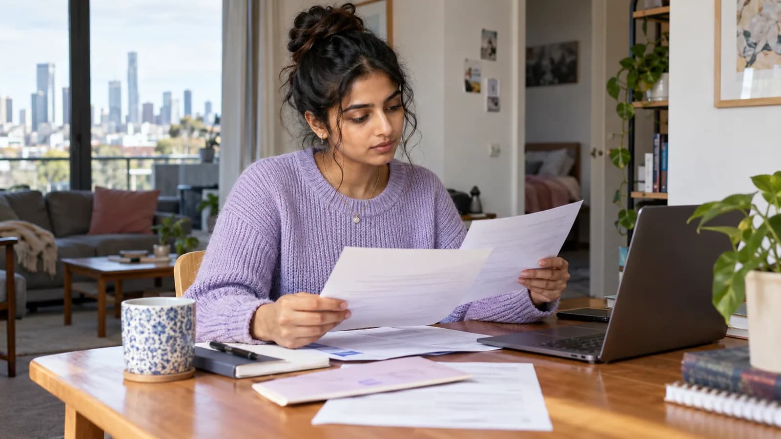 A graduate reviewing pay and study-loan paperwork at a desk.