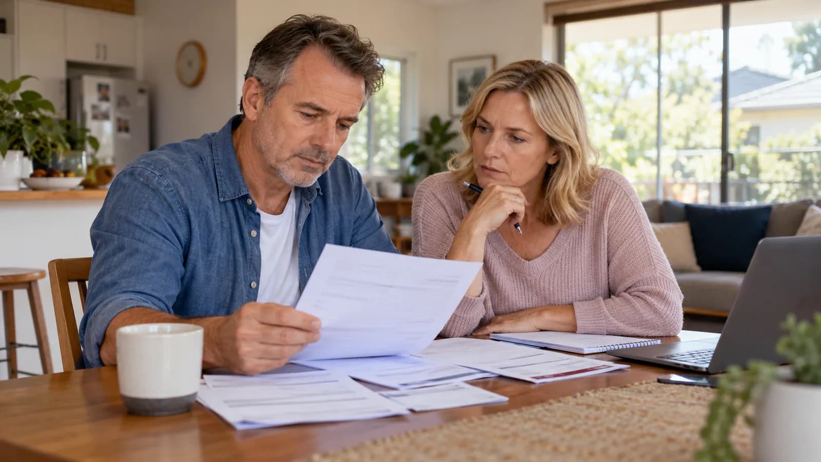 A couple checking health-cover paperwork with their household bills.