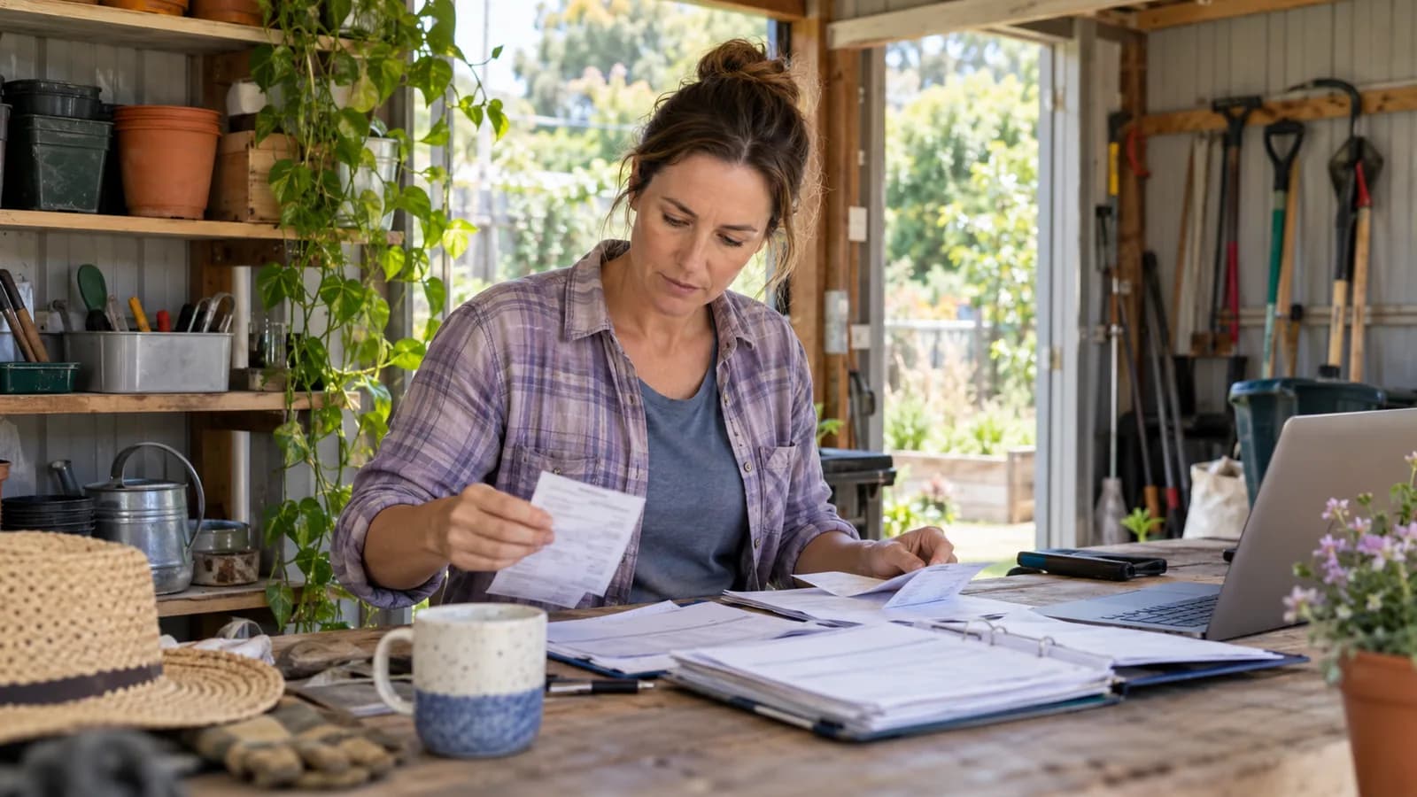 A self-employed gardener organising business receipts and invoices.