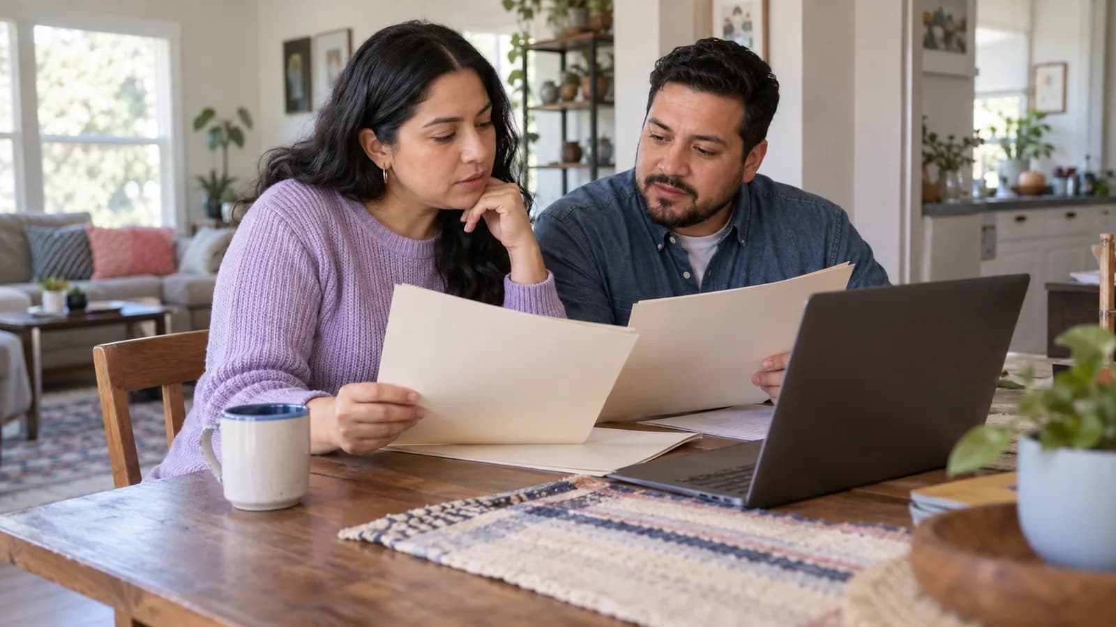 A couple comparing job-offer paperwork at a dining table.