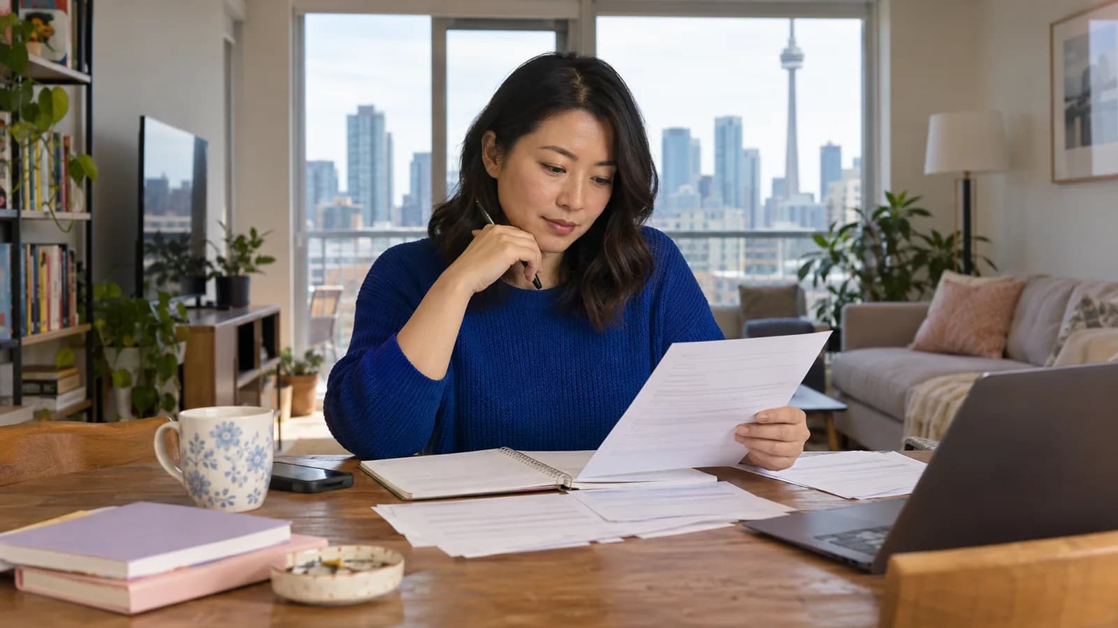A woman checking a pay stub against her household budget.