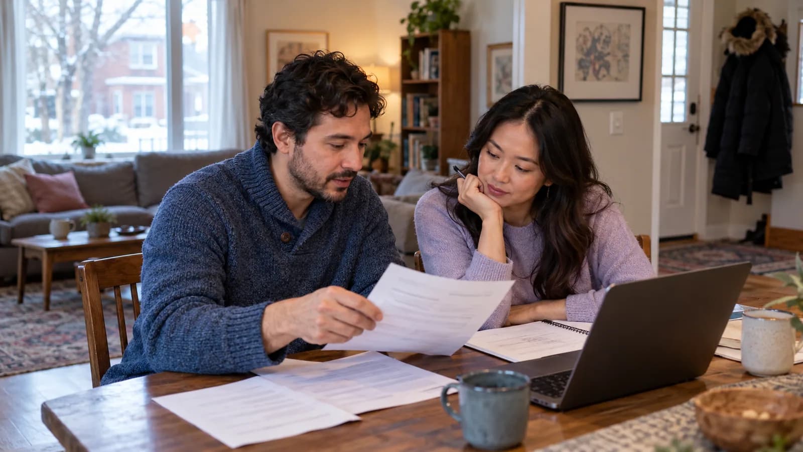 A couple discussing a job offer and household spending.