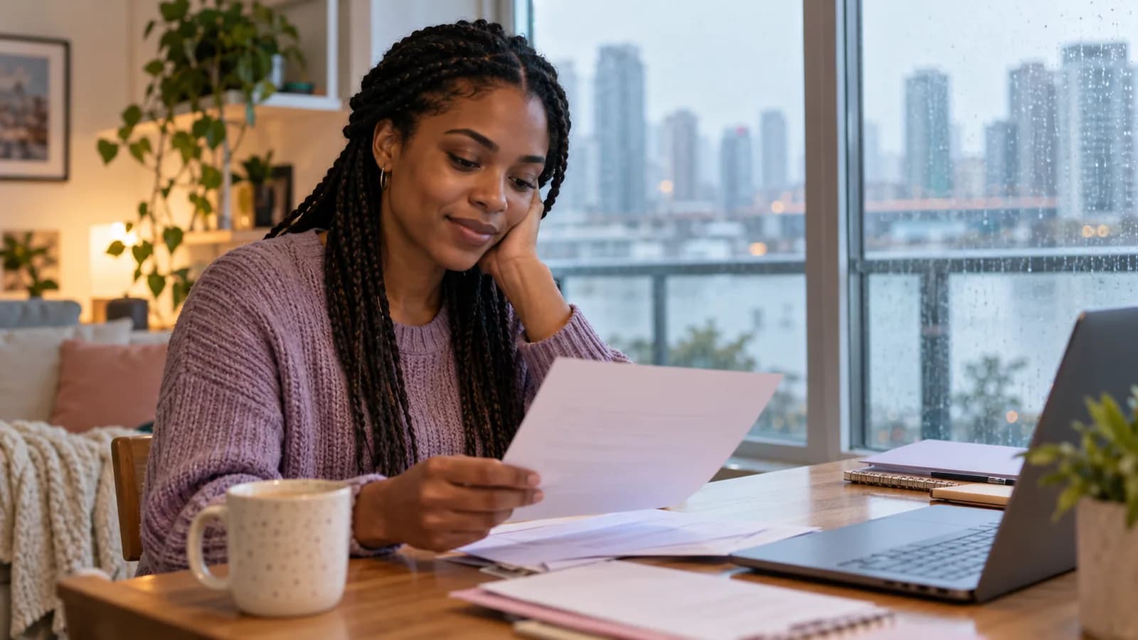An employee reviewing a pay-rise letter at a home desk.