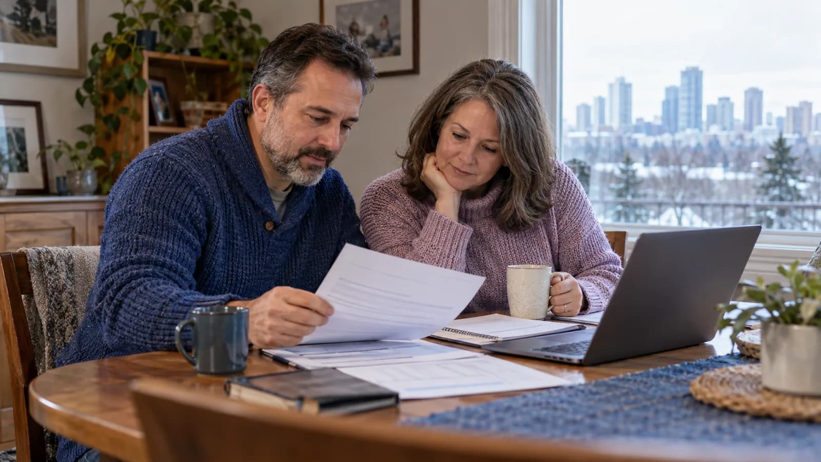 A couple reviewing retirement-savings statements together.