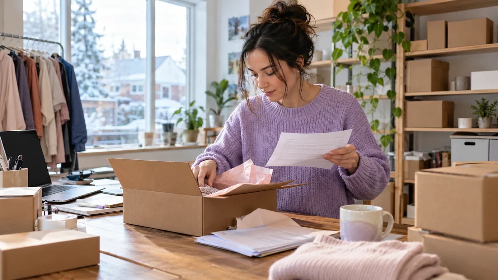 A small-business owner checking invoices while preparing orders.