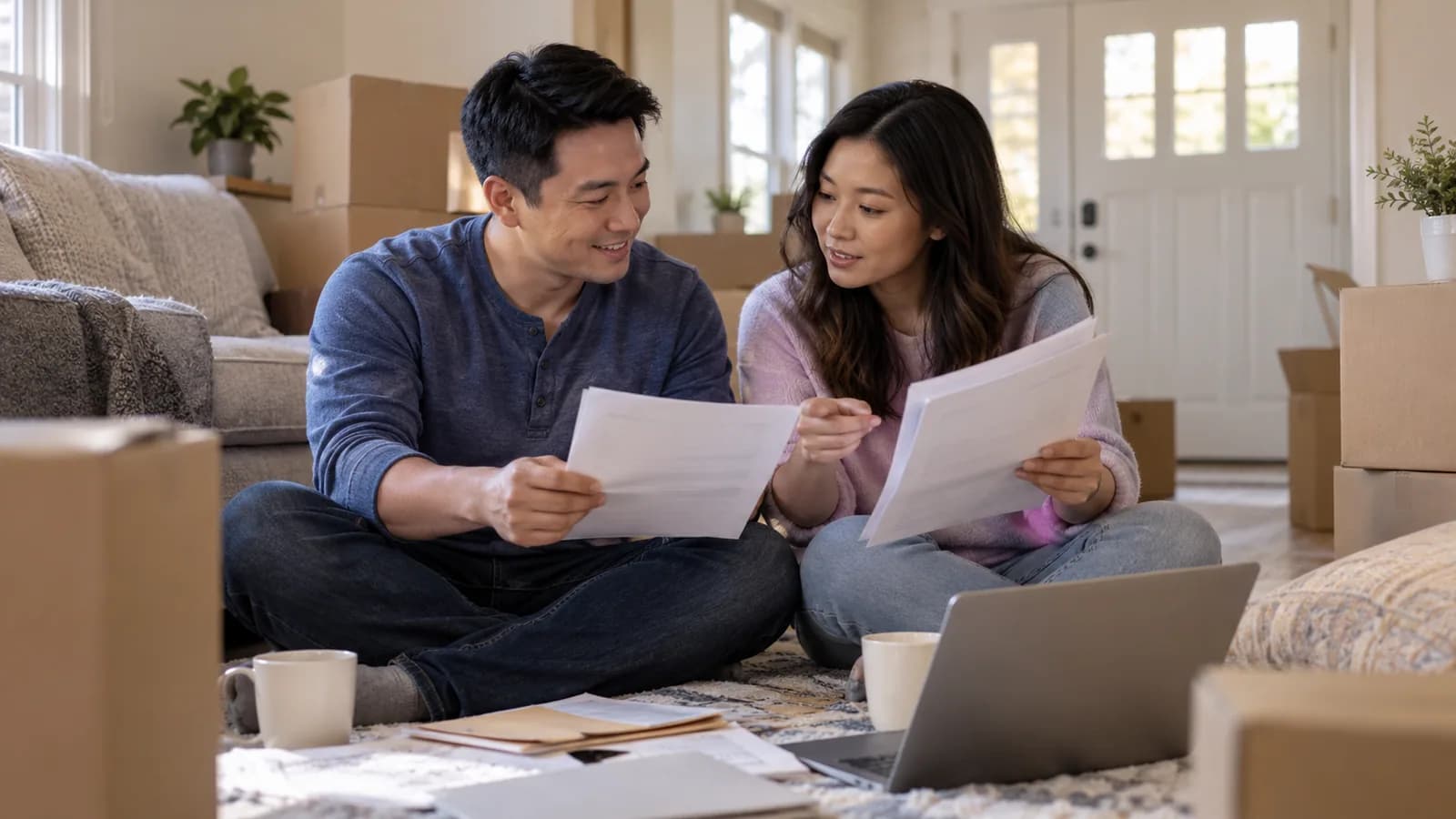 A couple reviewing household costs while planning a move.